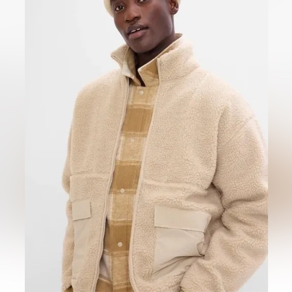 NWT GAP Men Sherpa Full-Zip Surplus Jacket Fleece Pockets Mockneck Beige $128 - Picture 4 of 8